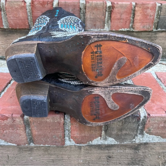 Corral Vintage Leather Black & Teal Bedazzled Angel Wing and Cross Cowboy Boots - Picture 9 of 10
